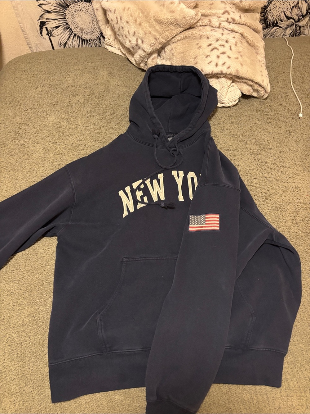 Brandy Melville New York Navy Pullover Hoodie with American Flag